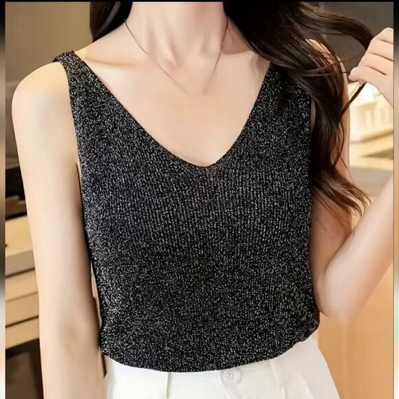 Sequin Knit V-Neck Sleeveless Top – Shiny Casual Tank, Elegant Holidays Outfit - Picture 2 of 12